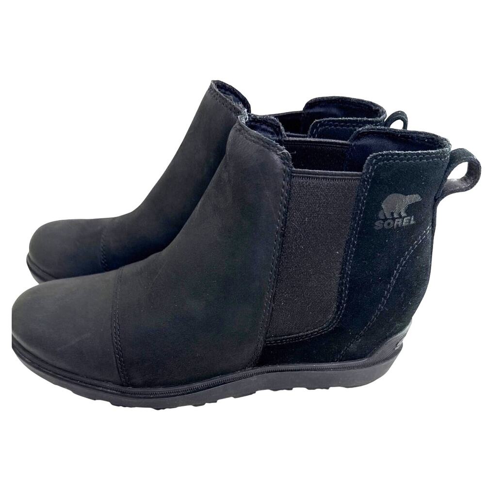 Sorel Black Suede Chelsea Ankle Boots Waterproof Wedge Lug Sole Womens 9.5